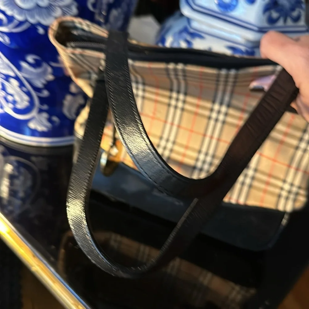 Burberry Nova Check Tote with Black Leather Trim with COA!